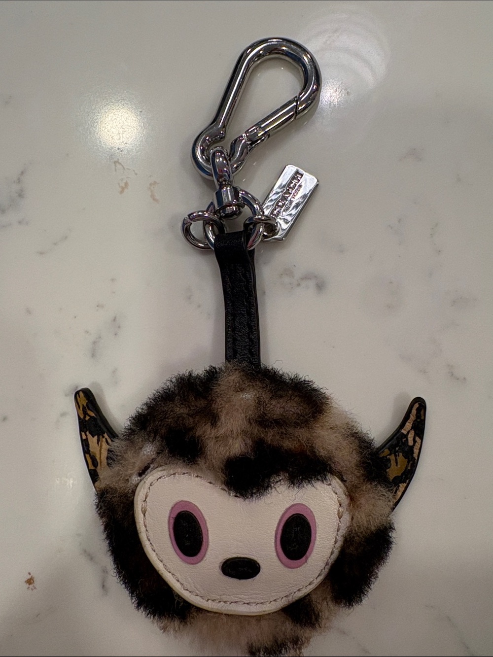 Coach Furry Animal Face Keychain Charm in Brown, Black & Pink